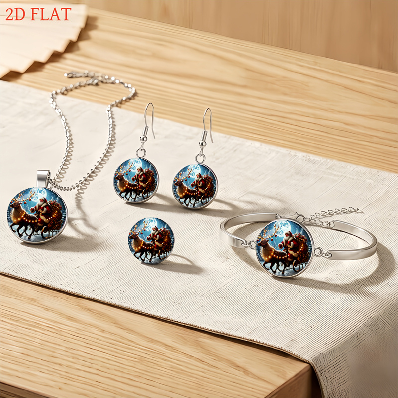 5pc Christmas Santa Riding Reindeer Sleigh Jewelry Set